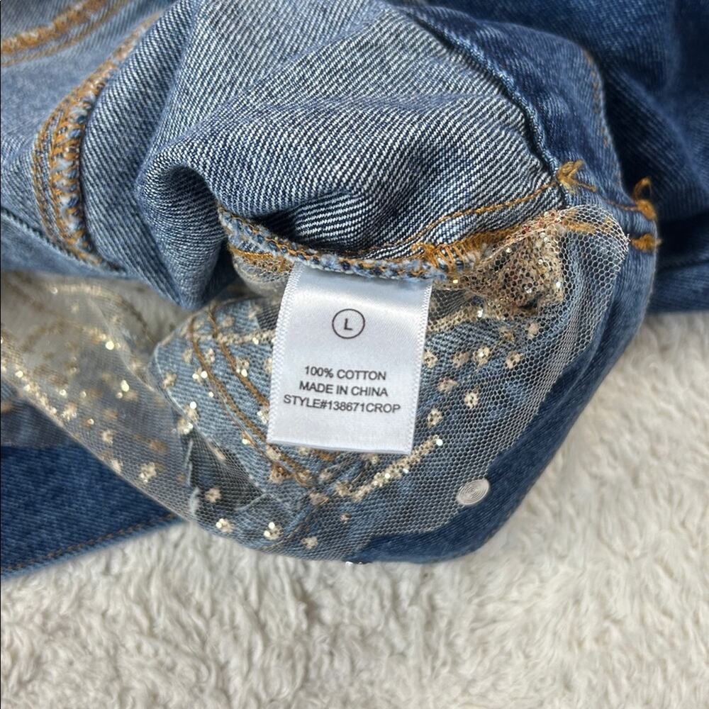 Denim and Sunshine Boho cropped sheer glitter denim Jacket, L - Picture 7 of 10